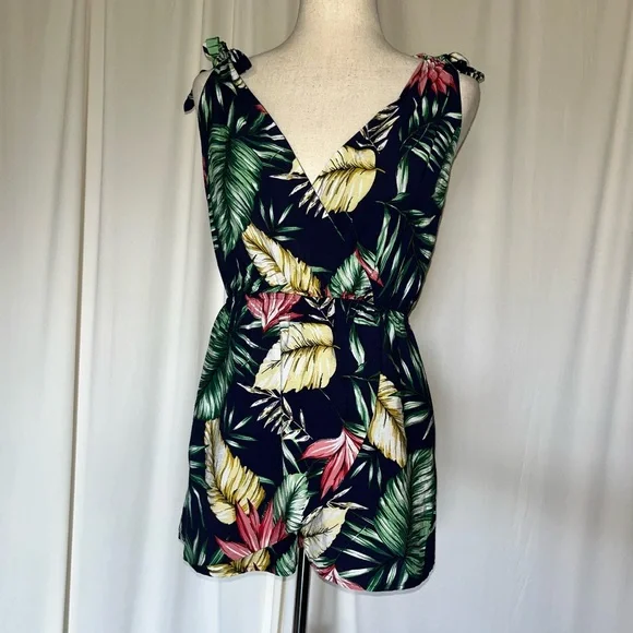 Superdown Penelope Romper in Navy with Tropical Green Palm Leaf Print - Picture 3 of 6